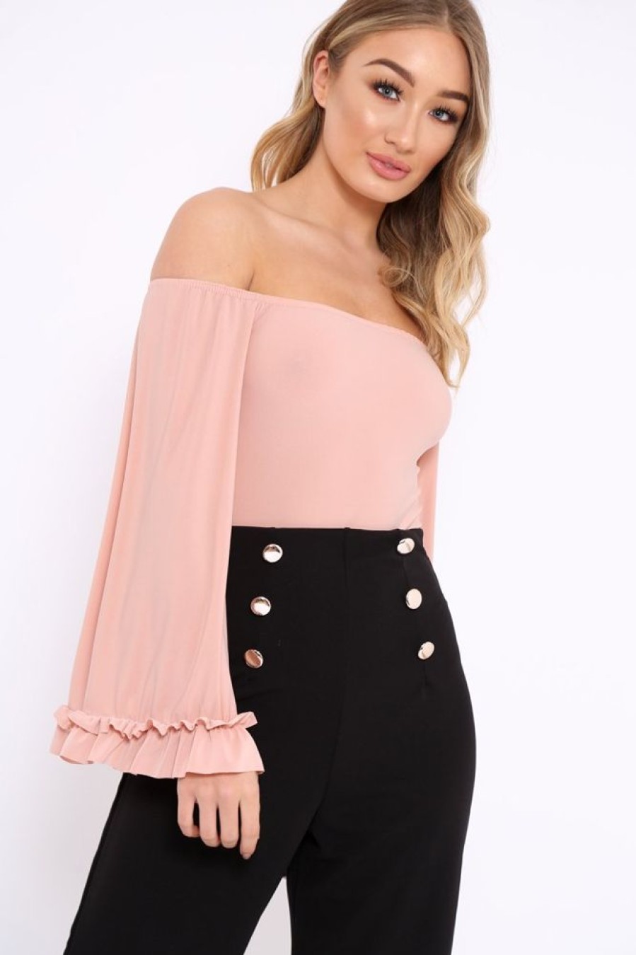 Clothing Rebellious Fashion | Nude Bardot Frill Flare Sleeve Bodysuit - Sofiya