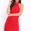 Clothing Rebellious Fashion | Red Choker Neck Lace Up Back Ruched Asymmetric Dress - Keris