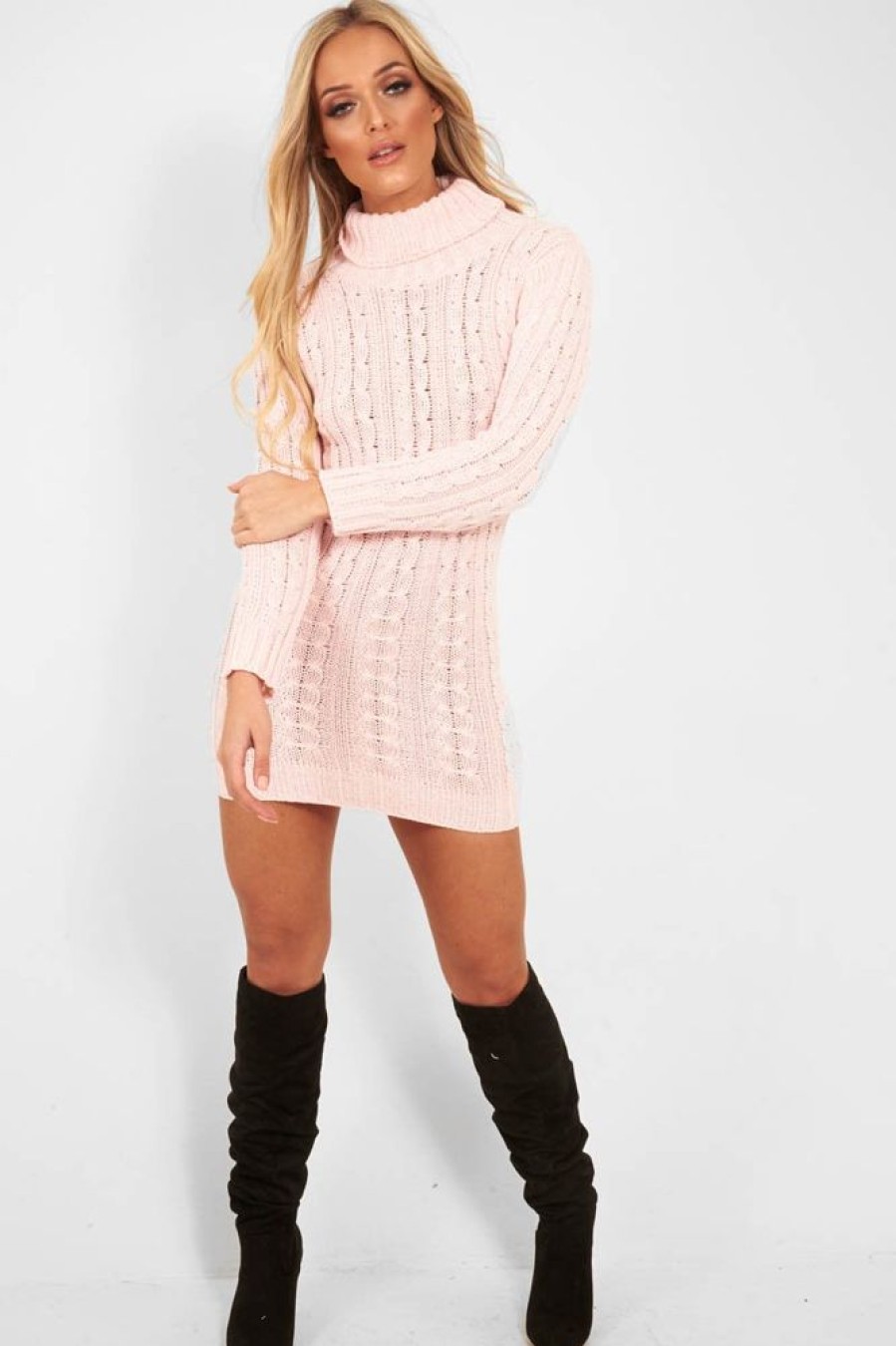 Clothing Rebellious Fashion | Pink Cable Knit Roll Neck Jumper Dress - Matilda