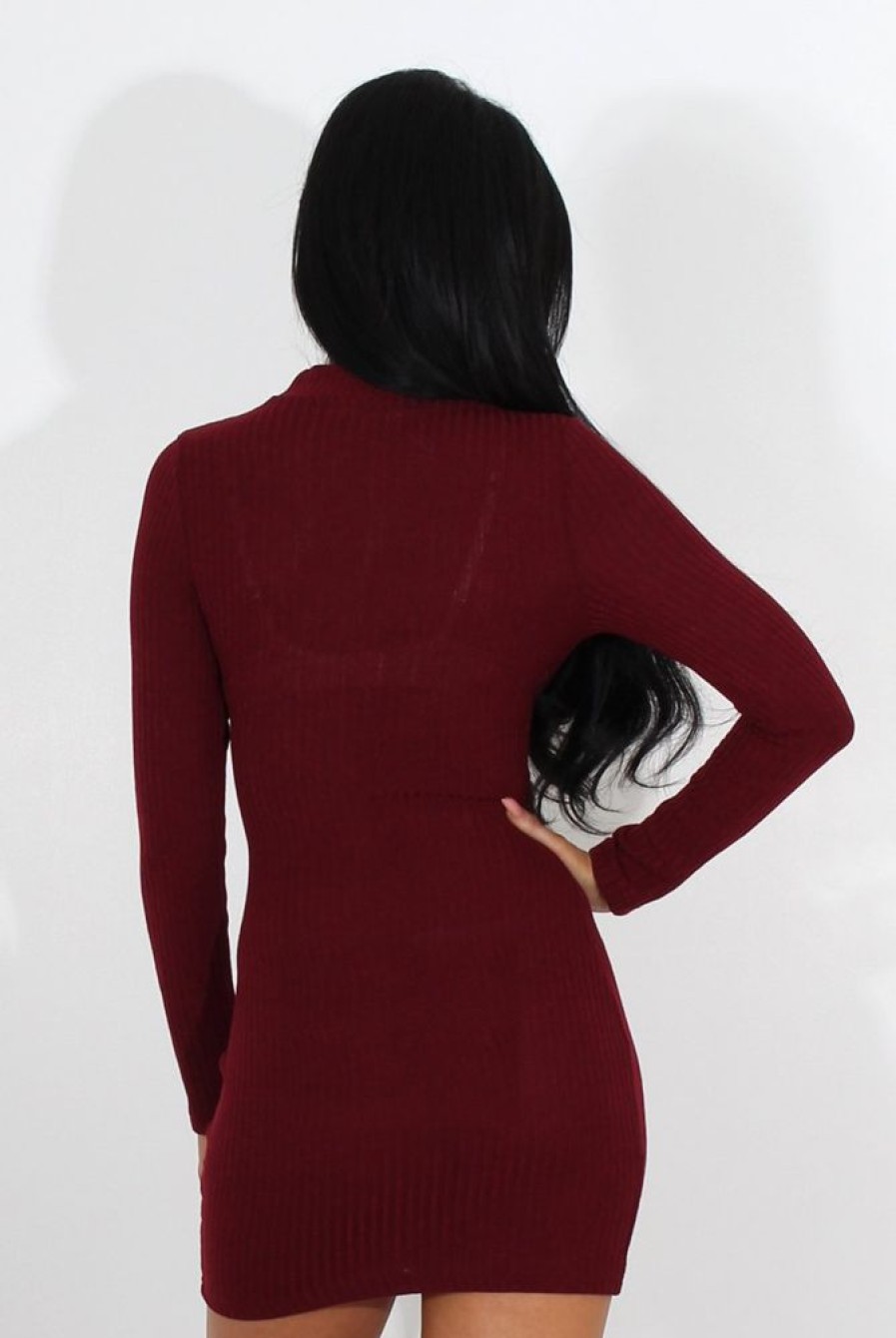 Clothing Rebellious Fashion | Bess Wine Ribbed Cut Out Dress