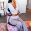 Clothing Rebellious Fashion | Grey Wide Leg Ribbed Plunge Neck Co-Ord - Brooke