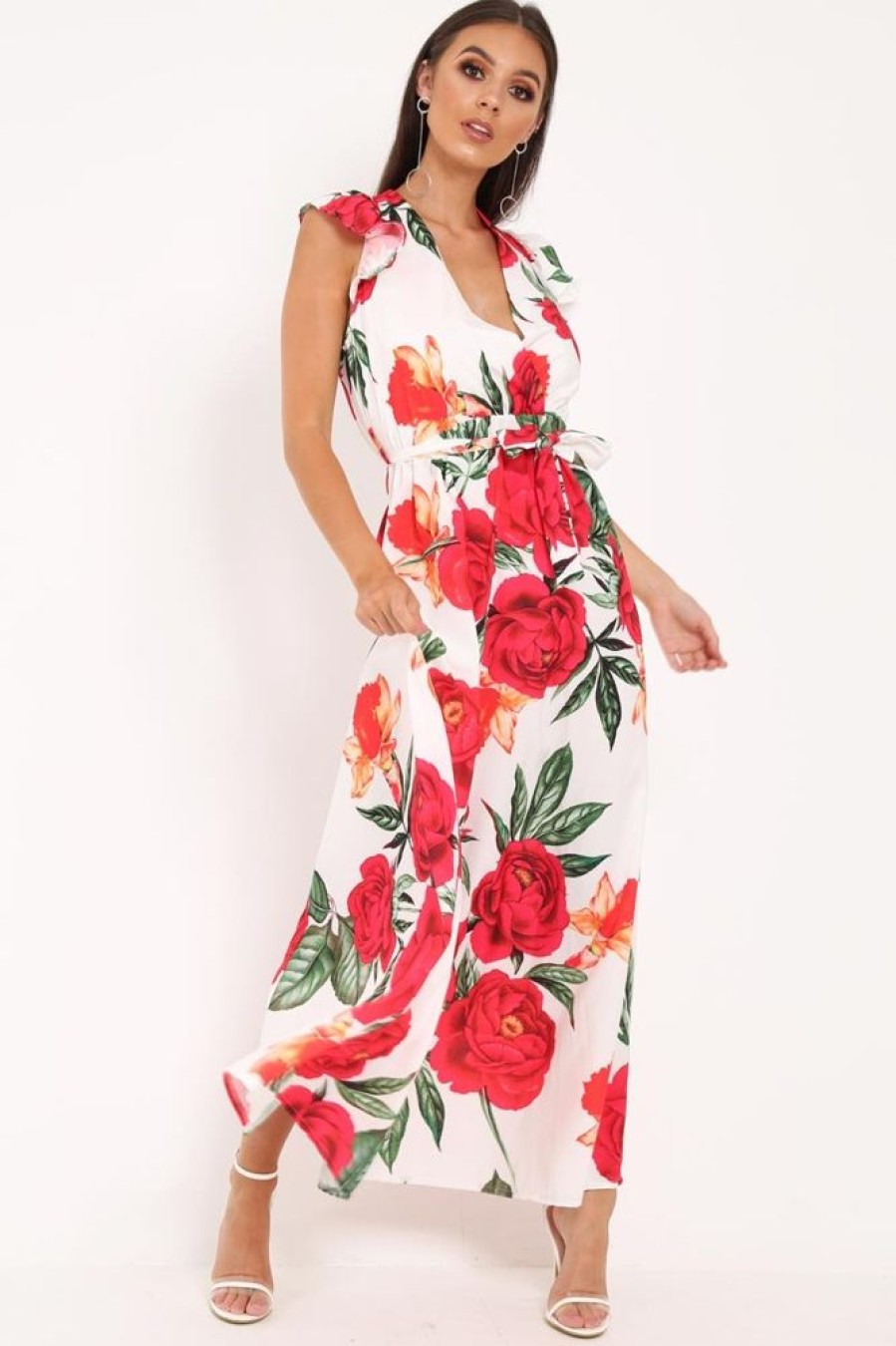 Clothing Rebellious Fashion | White Floral Frill Sleeve Maxi Dress - Persia