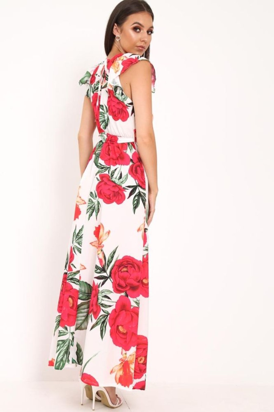 Clothing Rebellious Fashion | White Floral Frill Sleeve Maxi Dress - Persia