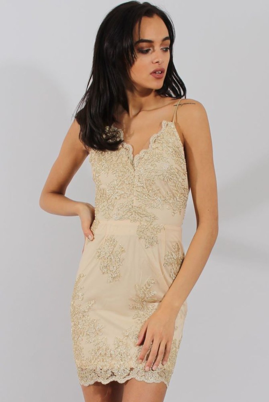 Clothing Rebellious Fashion | Apricot & Gold Embellished Strappy Dress - Amal