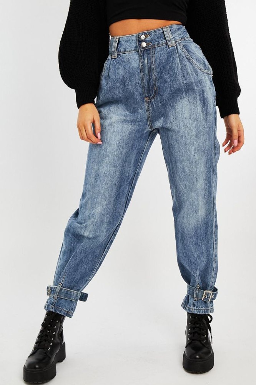 Clothing Rebellious Fashion | Light Blue Buckle Ankle Balloon Fit Jeans - Nicole