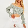 Clothing Rebellious Fashion | Sage Floral Shirred Bardot Crop Top - Harrlet