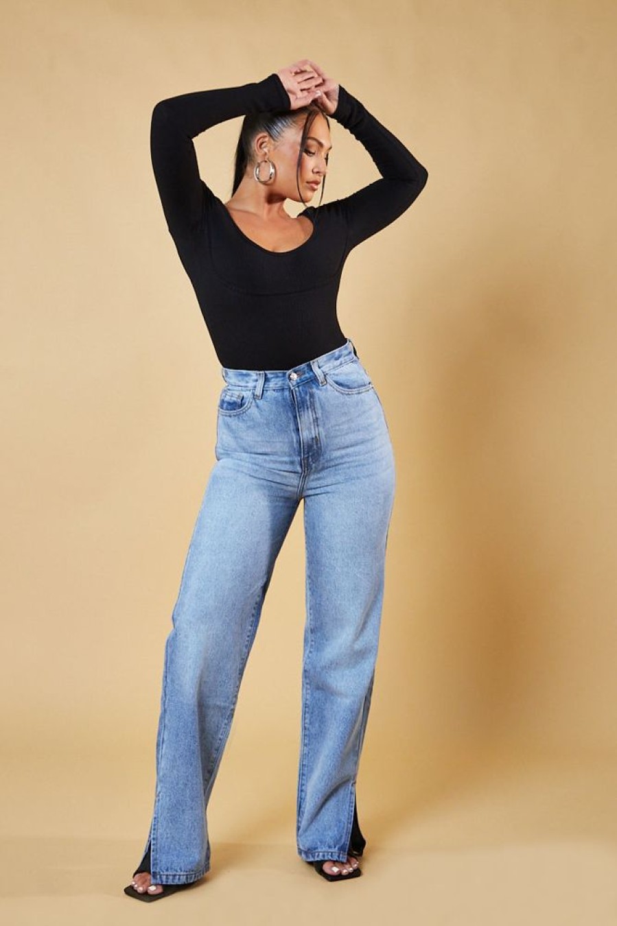 Clothing Rebellious Fashion | Mid Wash Straight Leg Side Split Hem Jeans - Tashi