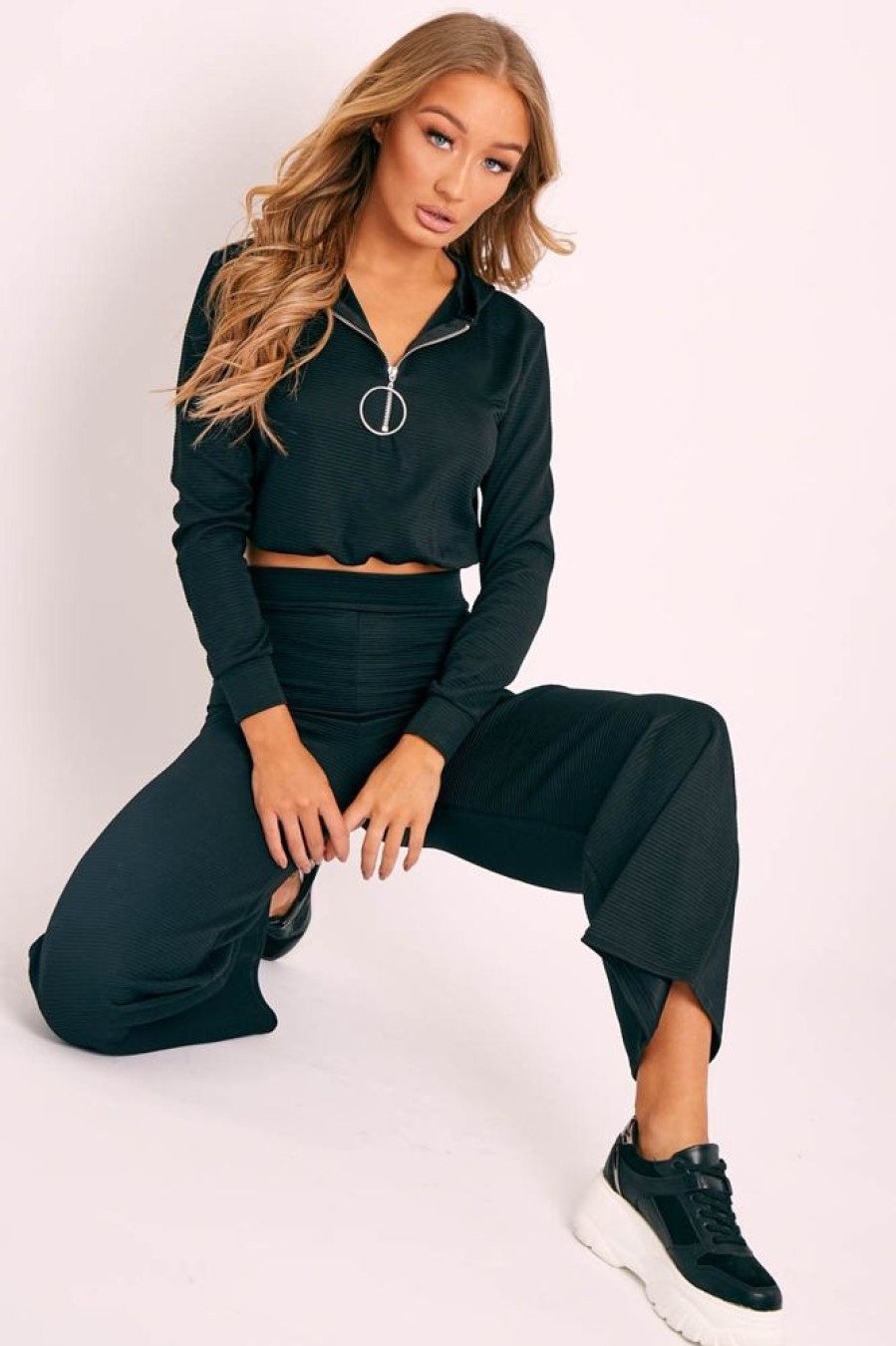 Clothing Rebellious Fashion | Black Ribbed Ring Pull Zip Loungewear Co-Ord - Candace