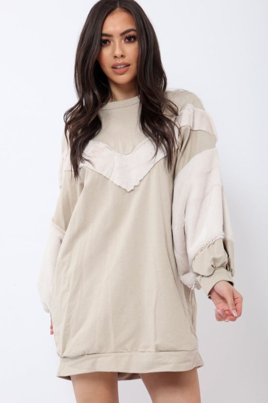 Clothing Rebellious Fashion | Beige Chevron Fur Jumper Dress - Esme