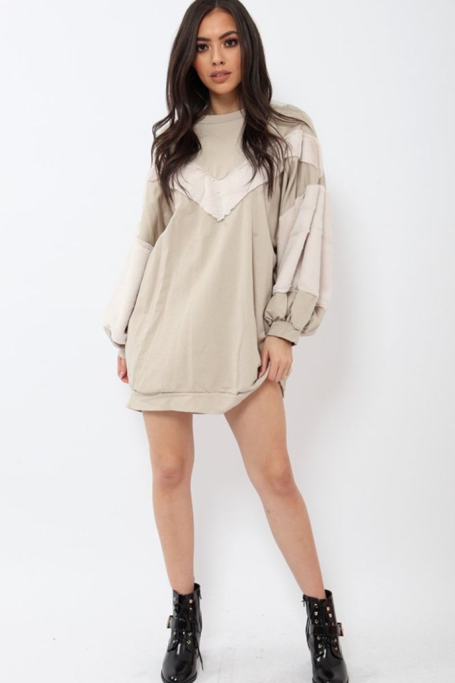 Clothing Rebellious Fashion | Beige Chevron Fur Jumper Dress - Esme