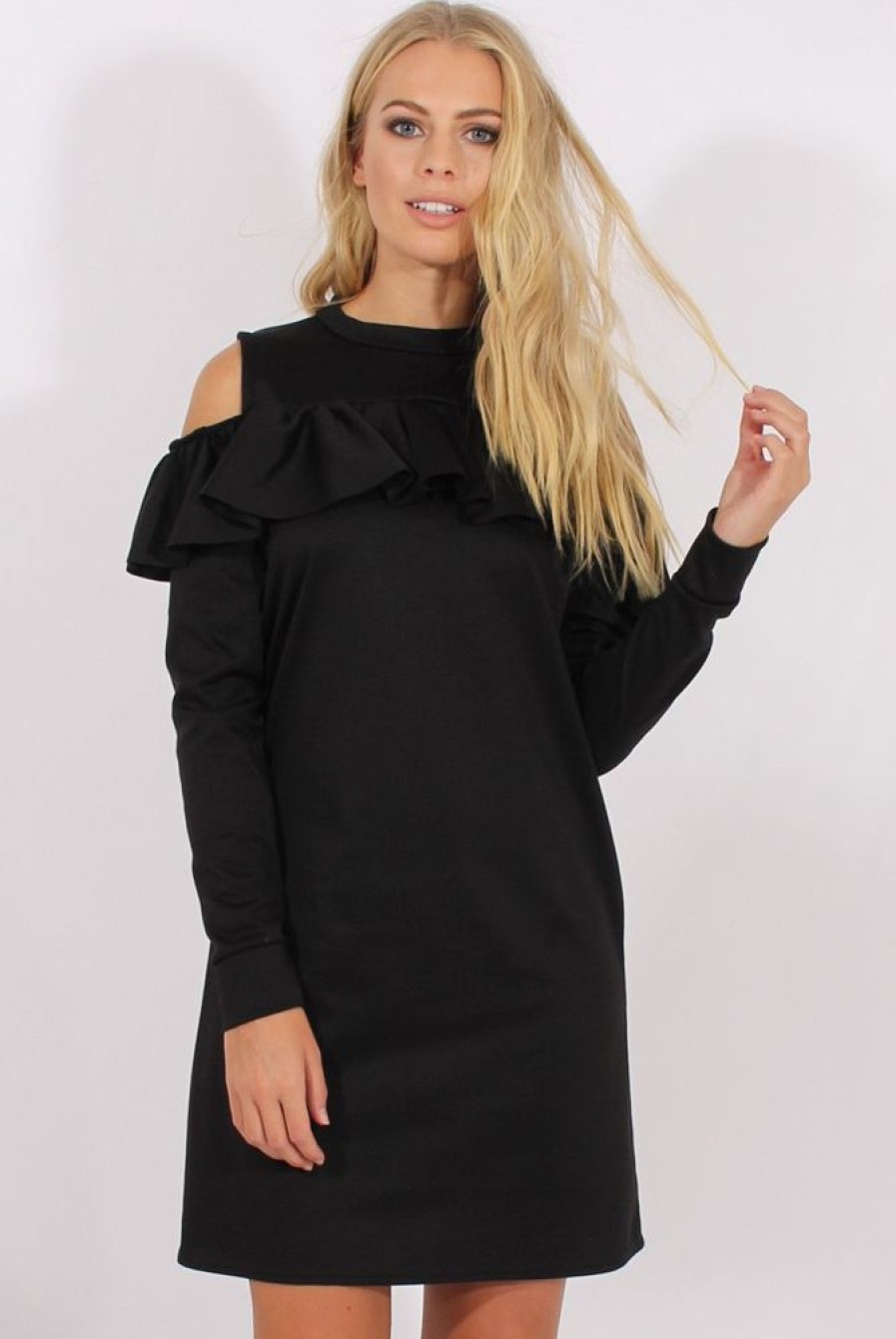 Clothing Rebellious Fashion | Black Cold Shoulder Frill Layer Swing Dress - Megan