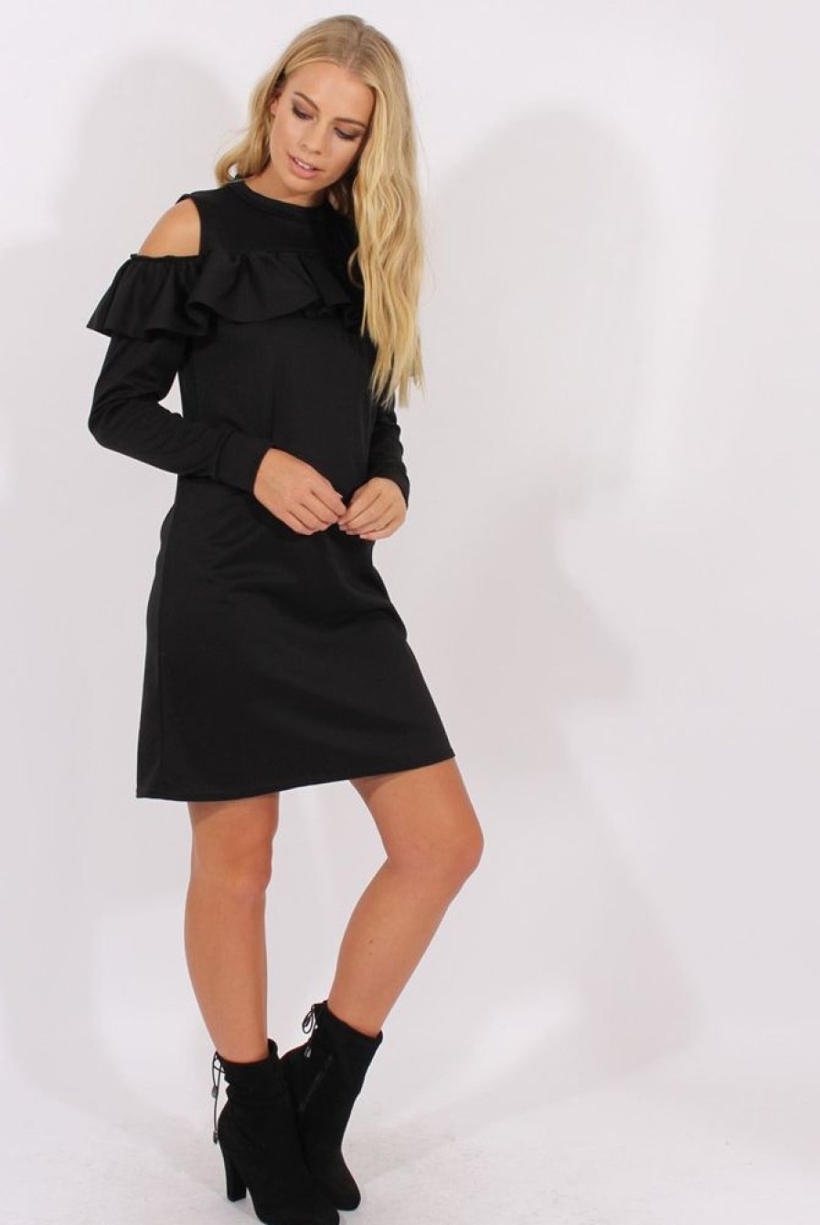 Clothing Rebellious Fashion | Black Cold Shoulder Frill Layer Swing Dress - Megan