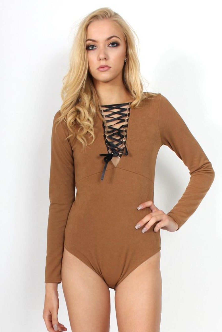 Clothing Rebellious Fashion | Cheryl Camel Tie Up Long Sleeved Bodysuit