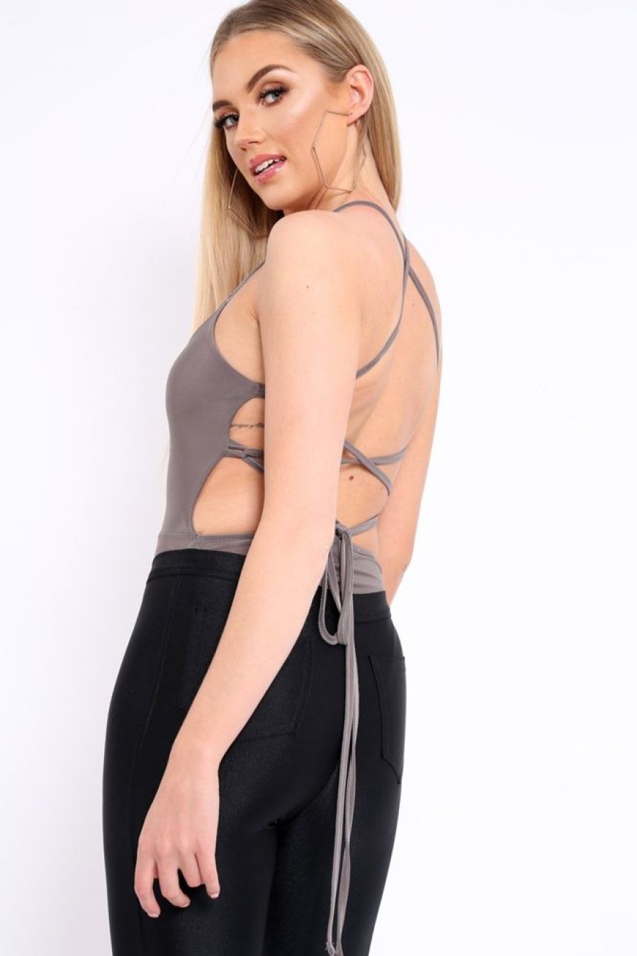 Clothing Rebellious Fashion | Grey Slinky Lace Up Back Bodysuit - Danella