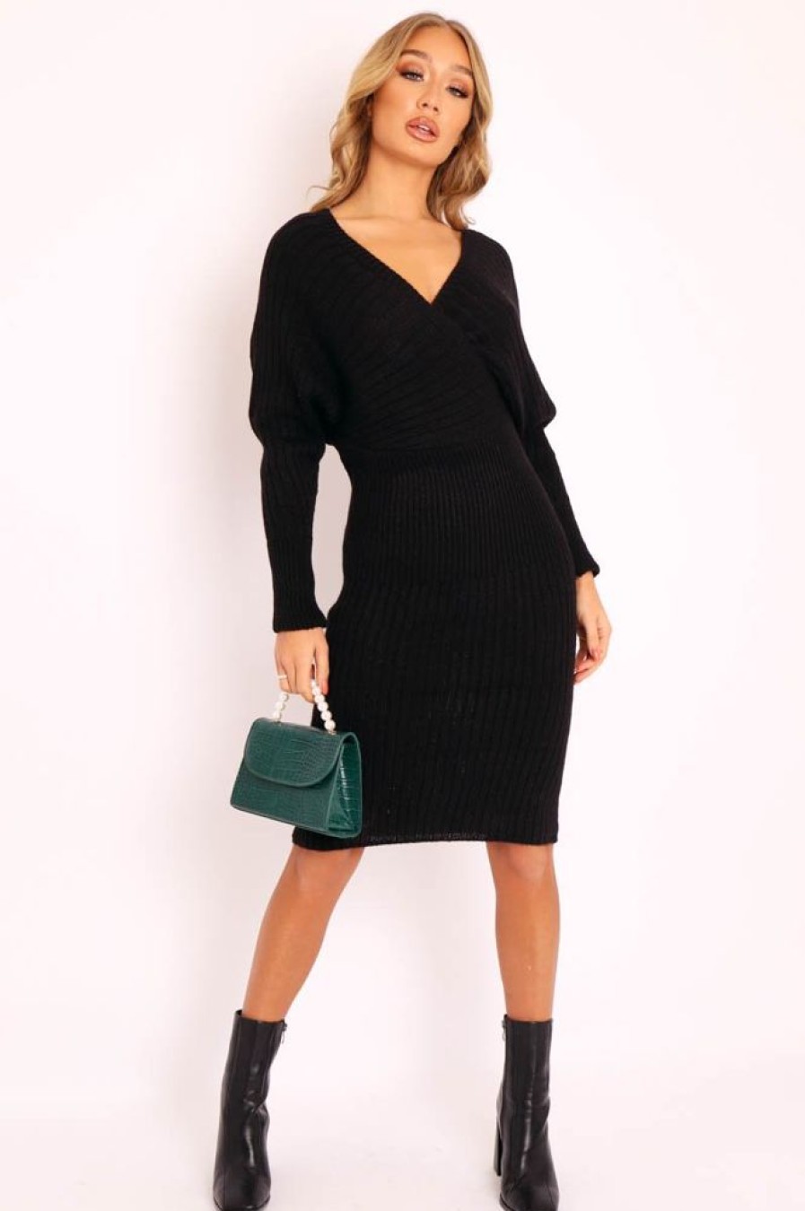 Clothing Rebellious Fashion | Black Wrap Front Knit Midi Dress - Edan