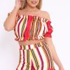 Clothing Rebellious Fashion | Red And Mustard Stripe Ruffle Bardot Bralet And Shorts Co-Ord - Zia