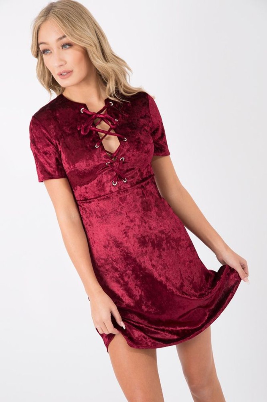 Clothing Rebellious Fashion | Wine Velvet Lace Up Skater Dress - Taylah