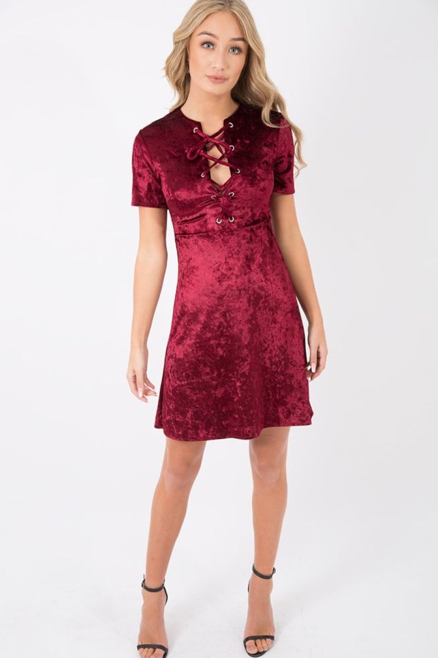 Clothing Rebellious Fashion | Wine Velvet Lace Up Skater Dress - Taylah