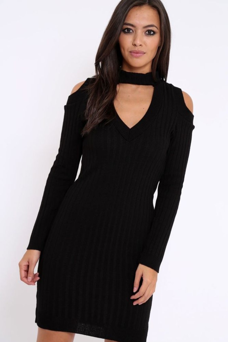 Clothing Rebellious Fashion | Black Cold Shoulder And V Neck Cut Out Dress - Riona