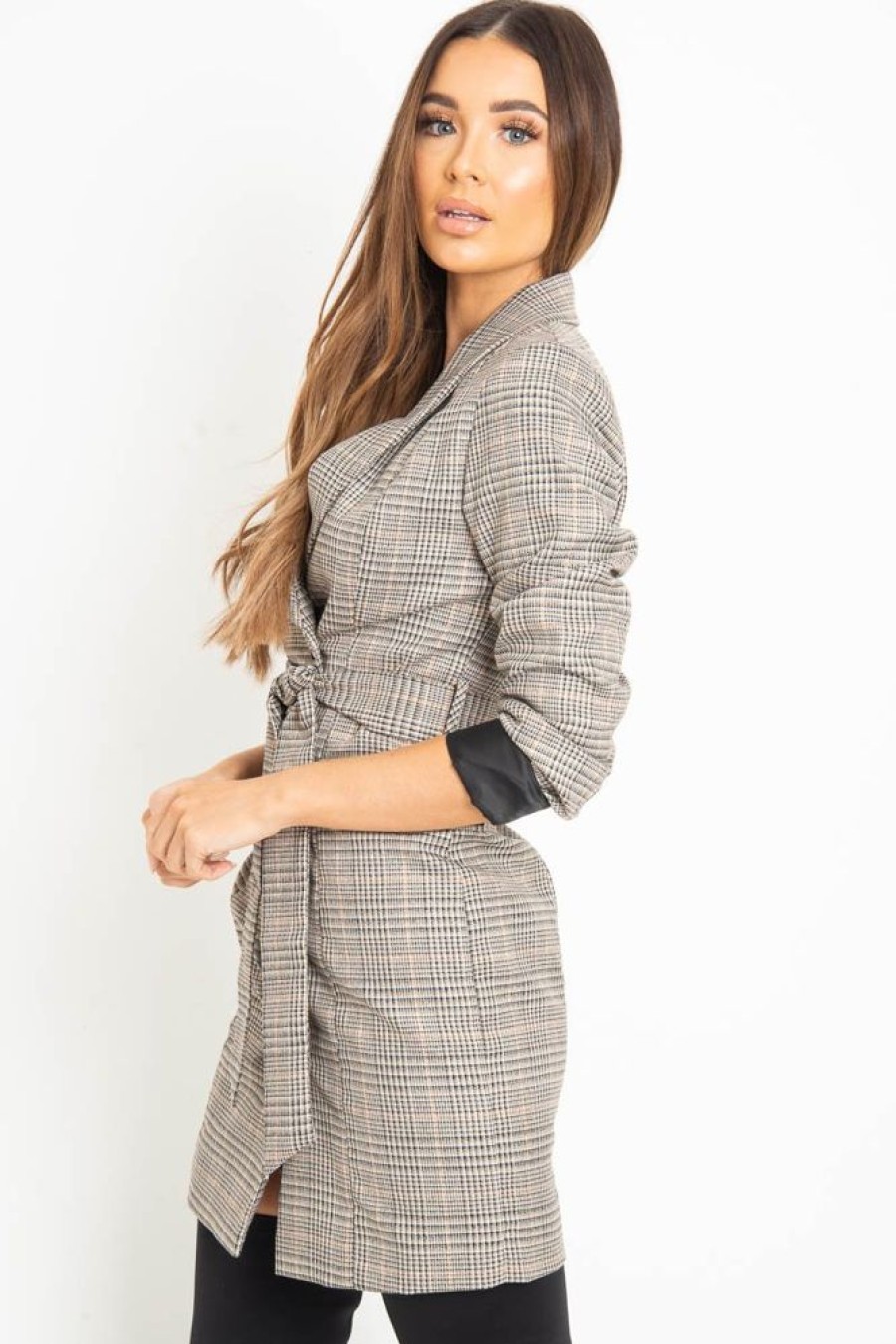 Clothing Rebellious Fashion | Brown Check Horn Button Belted Blazer Dress - Portlyn