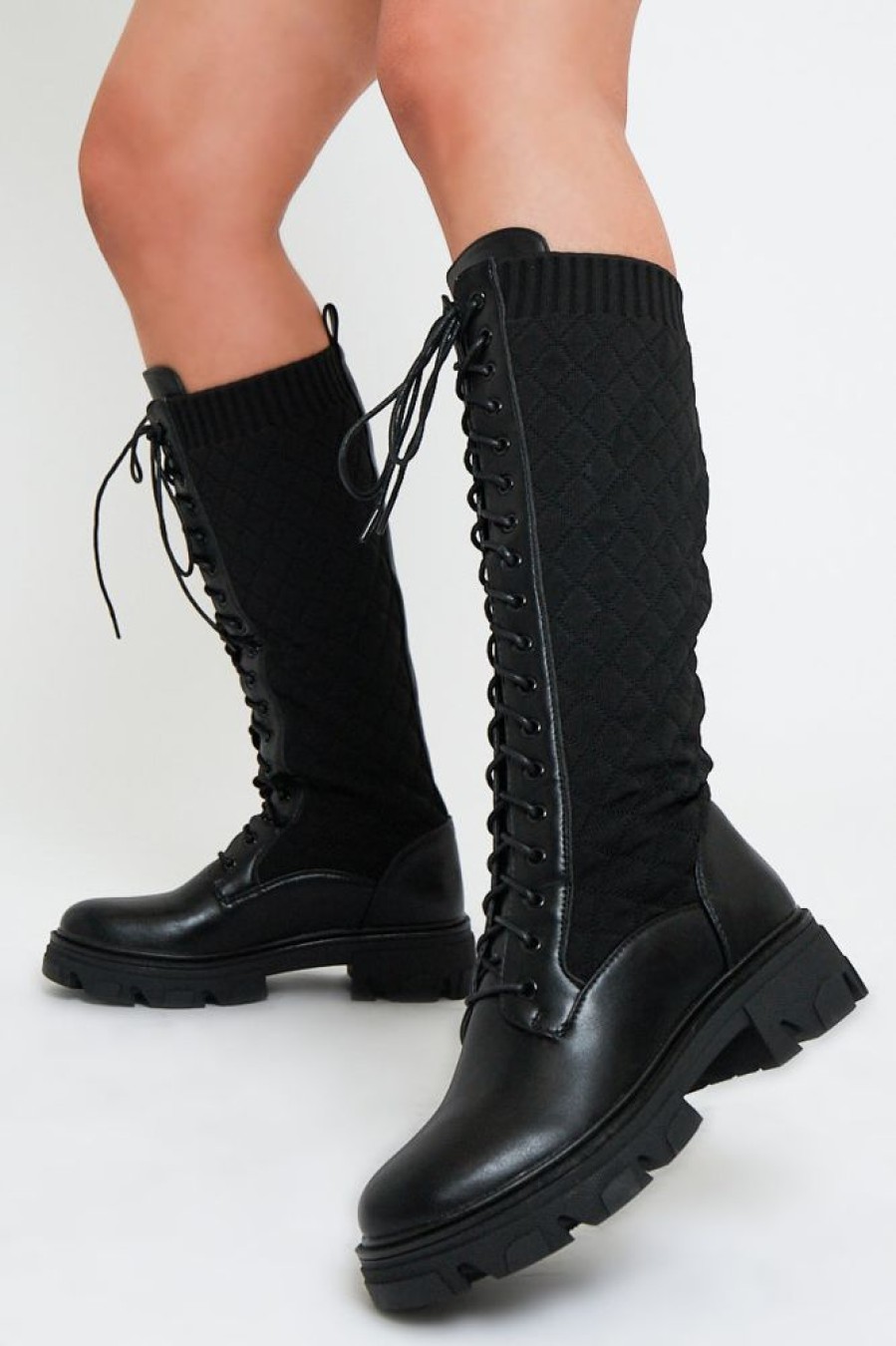 Shoes Rebellious Fashion | Black Lace Up Pu Leather And Quilted High Boots - Salva