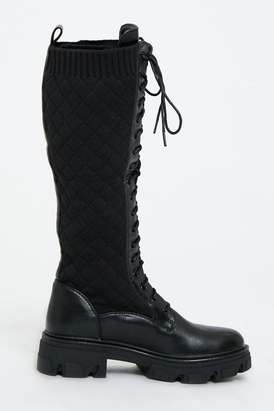 Shoes Rebellious Fashion | Black Lace Up Pu Leather And Quilted High Boots - Salva