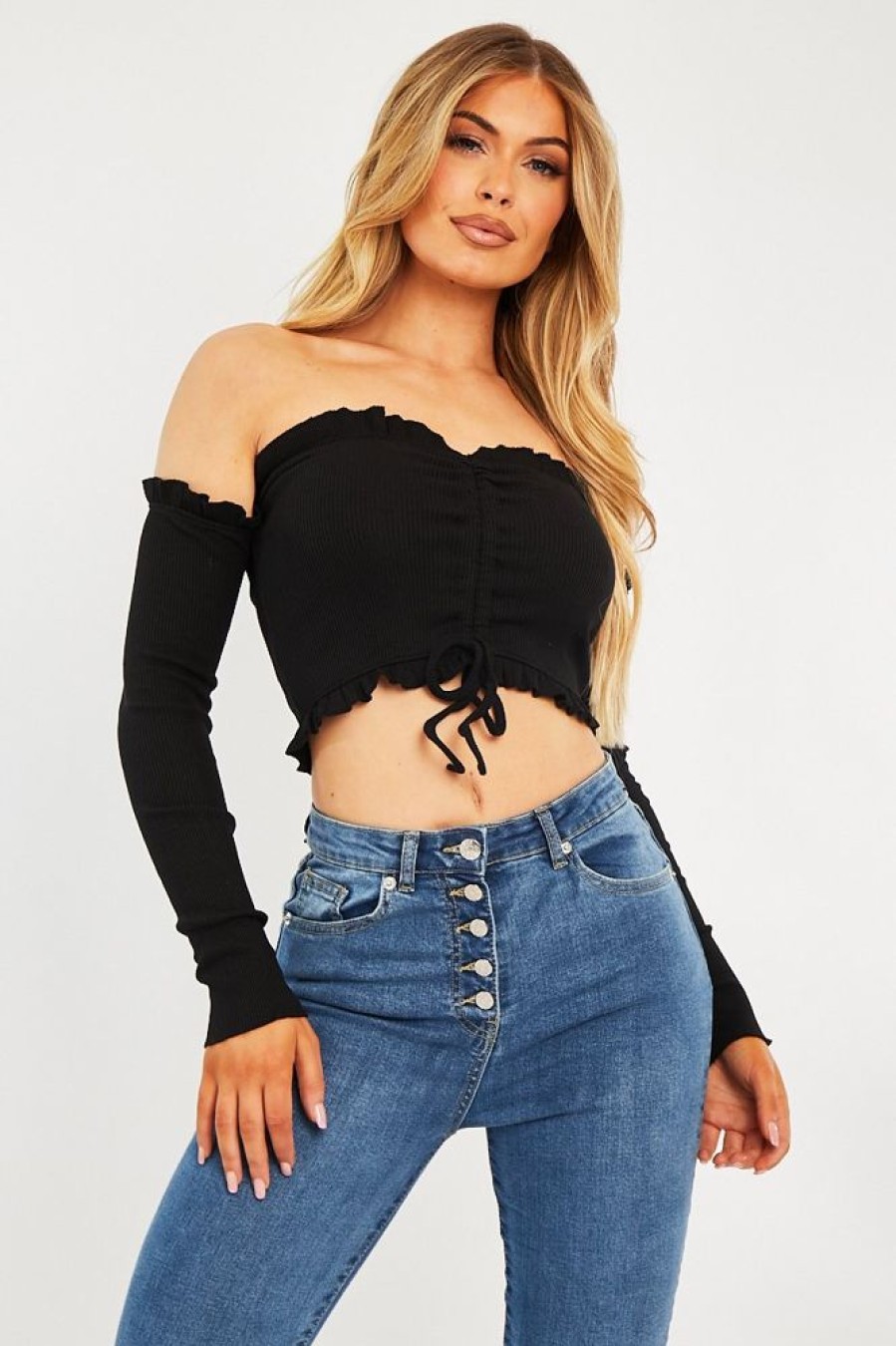 Clothing Rebellious Fashion | Black Ribbed Ruched Centre Crop Top - Tessla