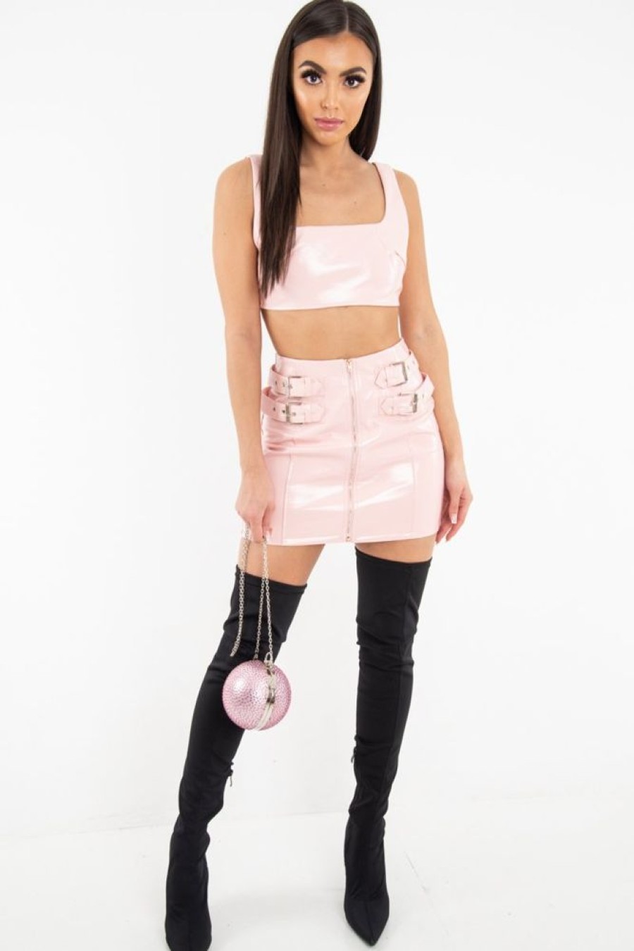 Clothing Rebellious Fashion | Pink Patent Faux Leather Crop Top Skirt Co-Ord - Nieve