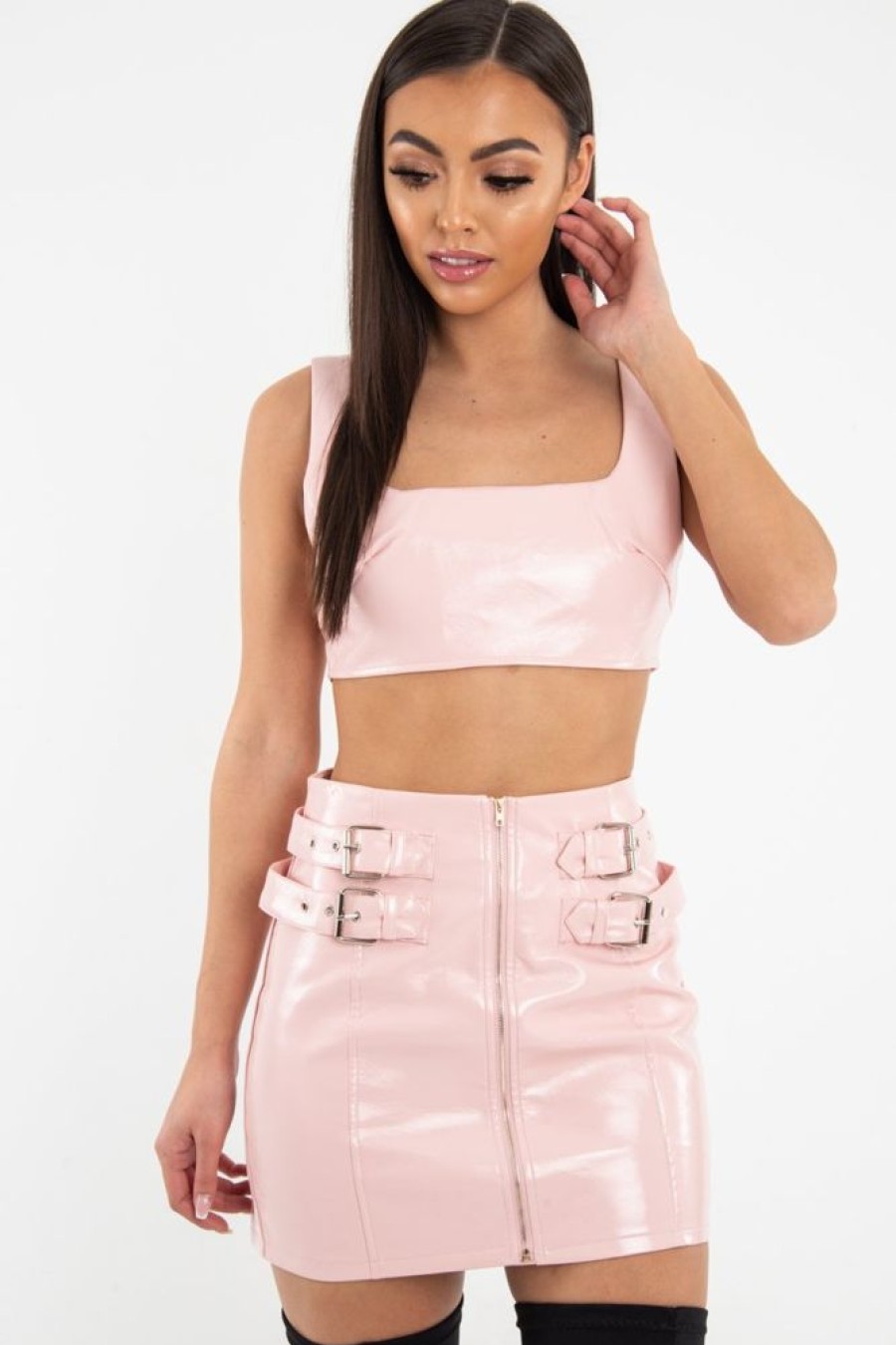 Clothing Rebellious Fashion | Pink Patent Faux Leather Crop Top Skirt Co-Ord - Nieve