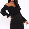 Clothing Rebellious Fashion | Black Shirred Wrap Over Bardot Mini Dress - Natasha