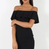 Clothing Rebellious Fashion | Black Bardot Frill Midi Dress - Lily