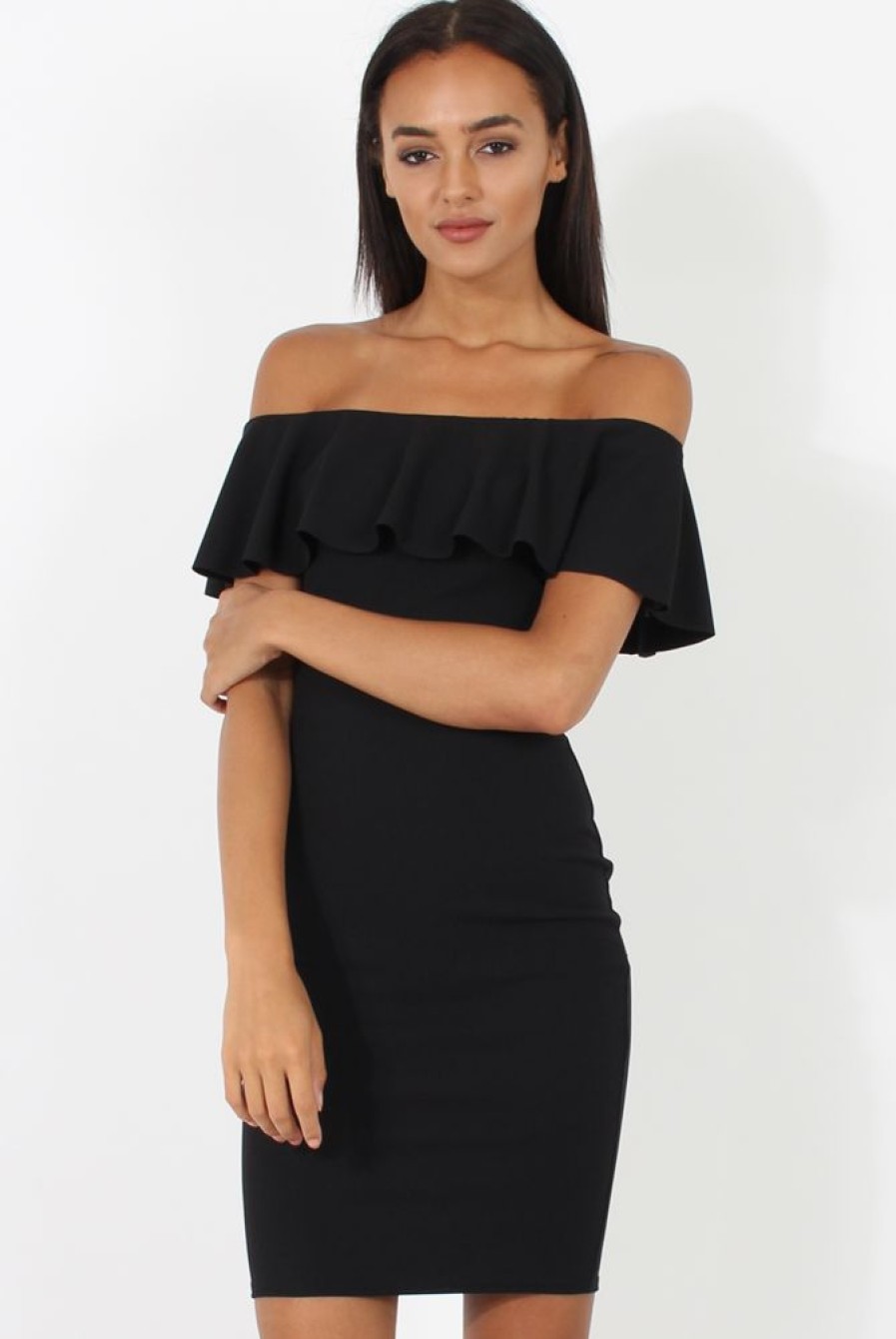 Clothing Rebellious Fashion | Black Bardot Frill Midi Dress - Lily