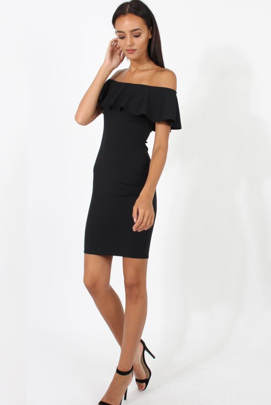 Clothing Rebellious Fashion | Black Bardot Frill Midi Dress - Lily