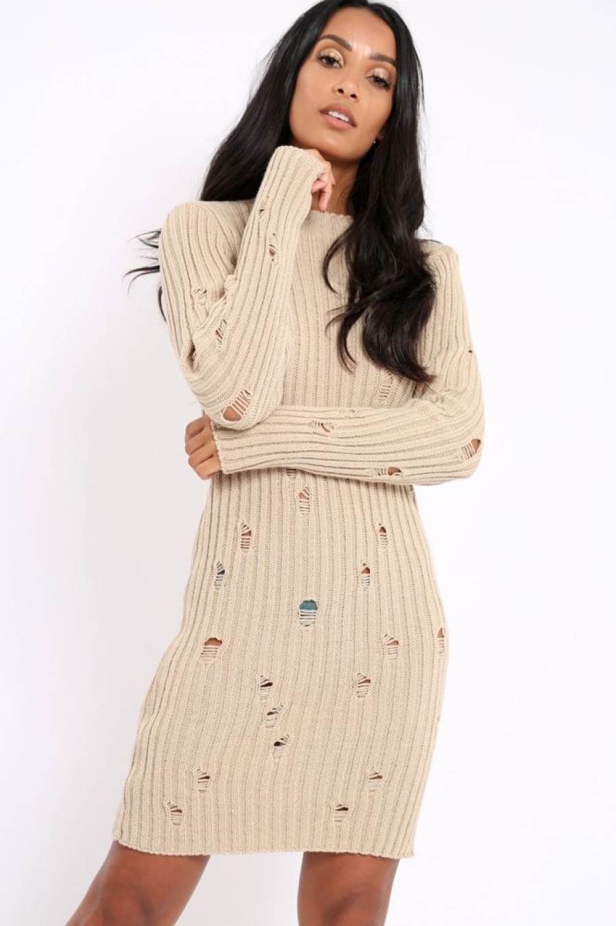 Clothing Rebellious Fashion | Beige Knit Distressed Jumper Dress - Cheryl