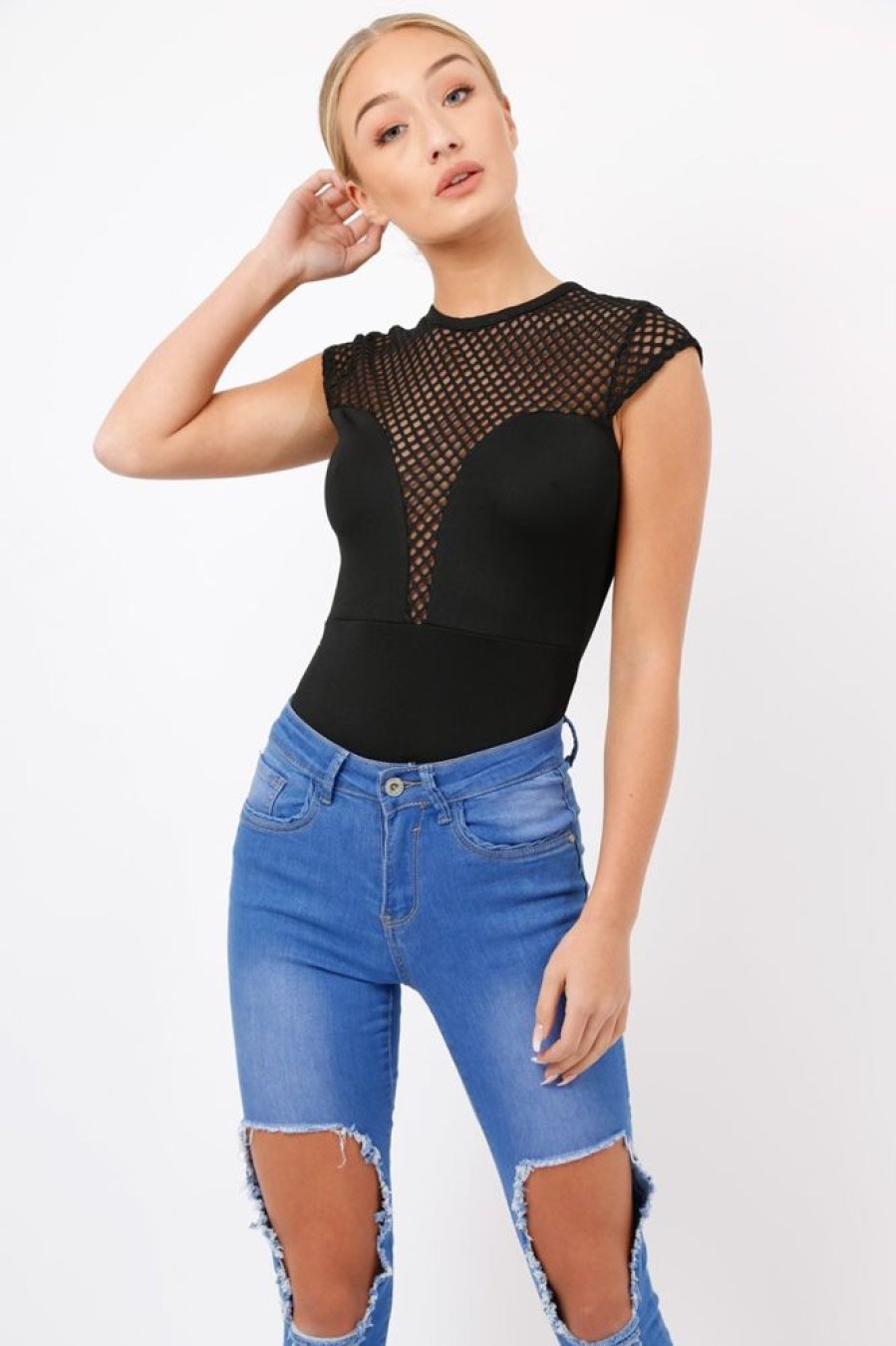 Clothing Rebellious Fashion | Black Fishnet Mesh Insert Bodysuit - Felicity