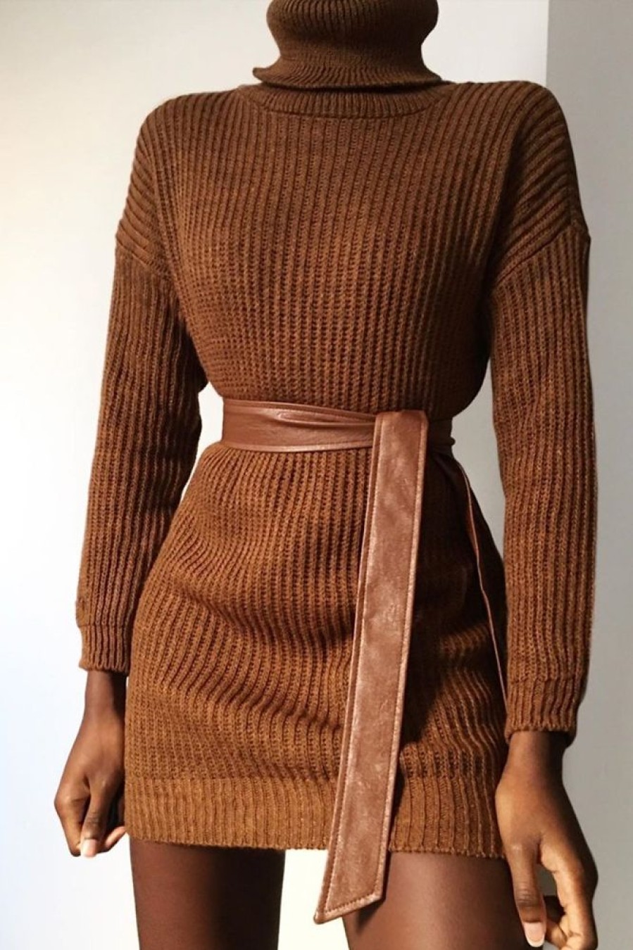 Clothing Rebellious Fashion | Brown Roll Neck Mini Jumper Dress - Dariyana