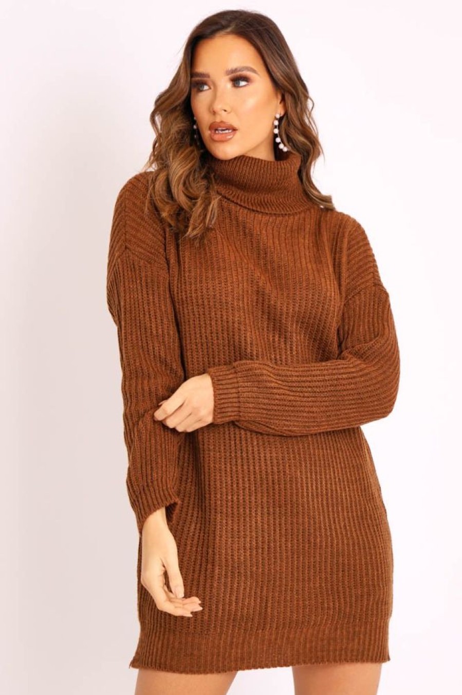 Clothing Rebellious Fashion | Brown Roll Neck Mini Jumper Dress - Dariyana