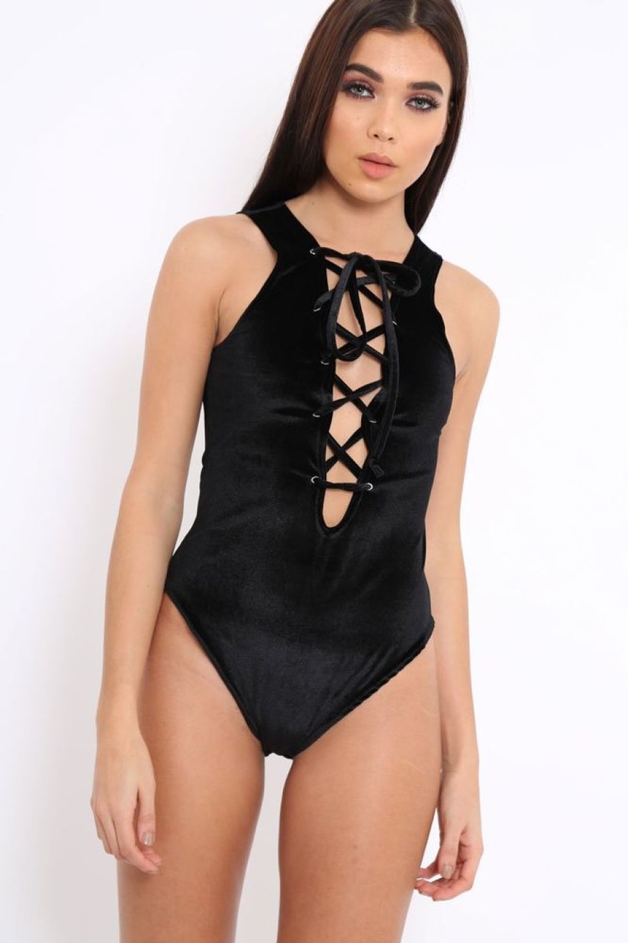 Clothing Rebellious Fashion | Black Velvet Lace Front Bodysuit - Shona