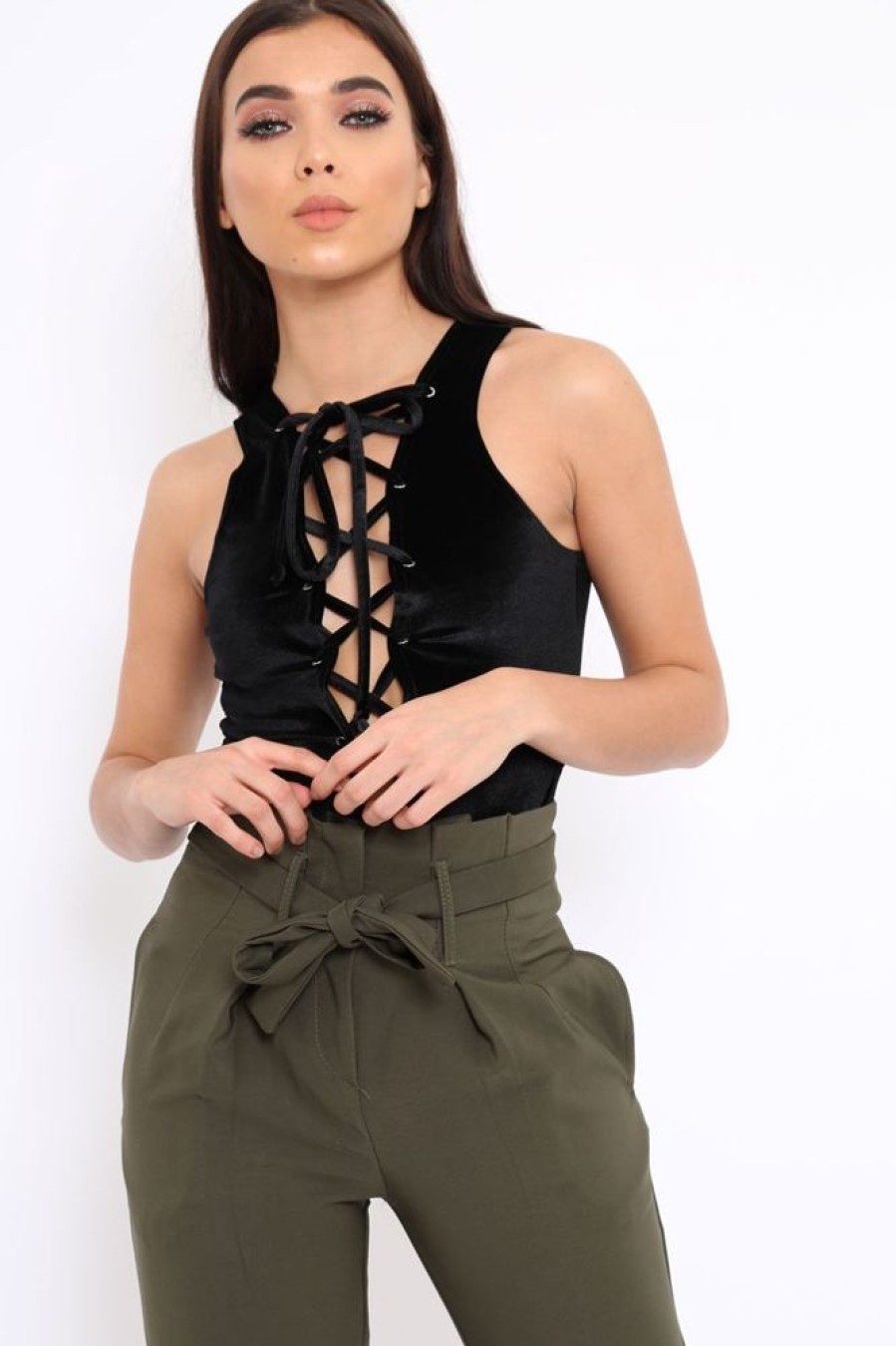 Clothing Rebellious Fashion | Black Velvet Lace Front Bodysuit - Shona