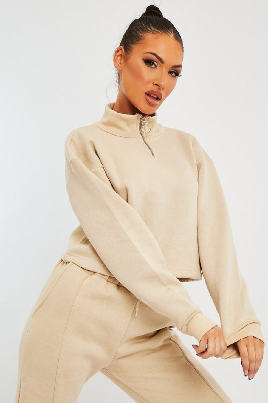 Clothing Rebellious Fashion | Beige Ring Zip Front High Neck Sweatshirt - Maggi