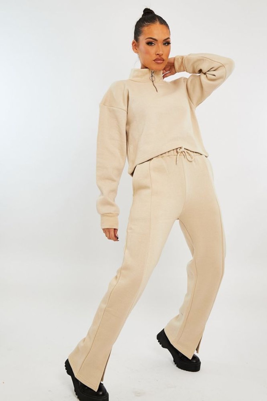 Clothing Rebellious Fashion | Beige Ring Zip Front High Neck Sweatshirt - Maggi