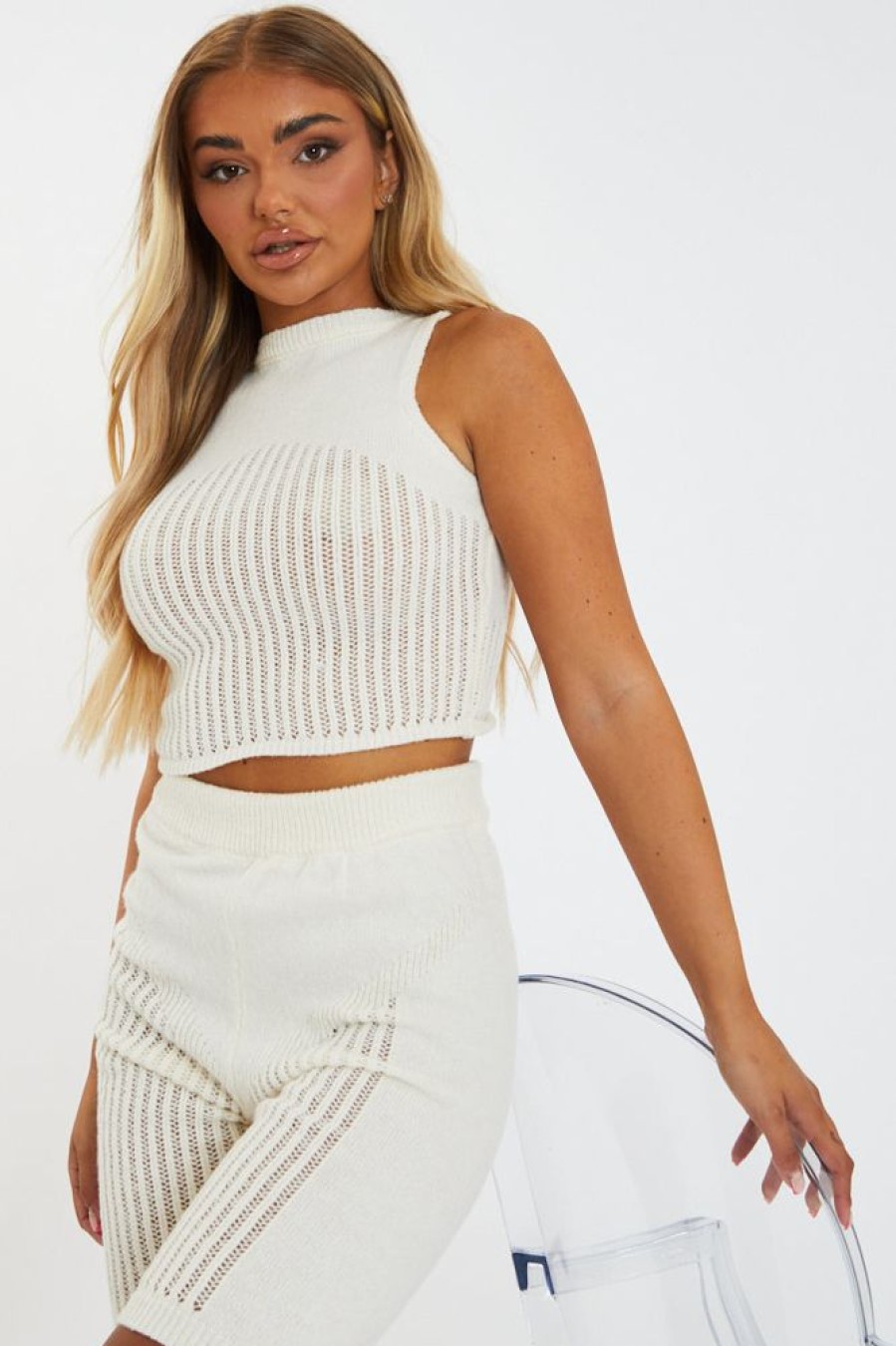 Clothing Rebellious Fashion | Cream Knitted High Neck Crop Top And Shorts Co-Ord Set - Nora