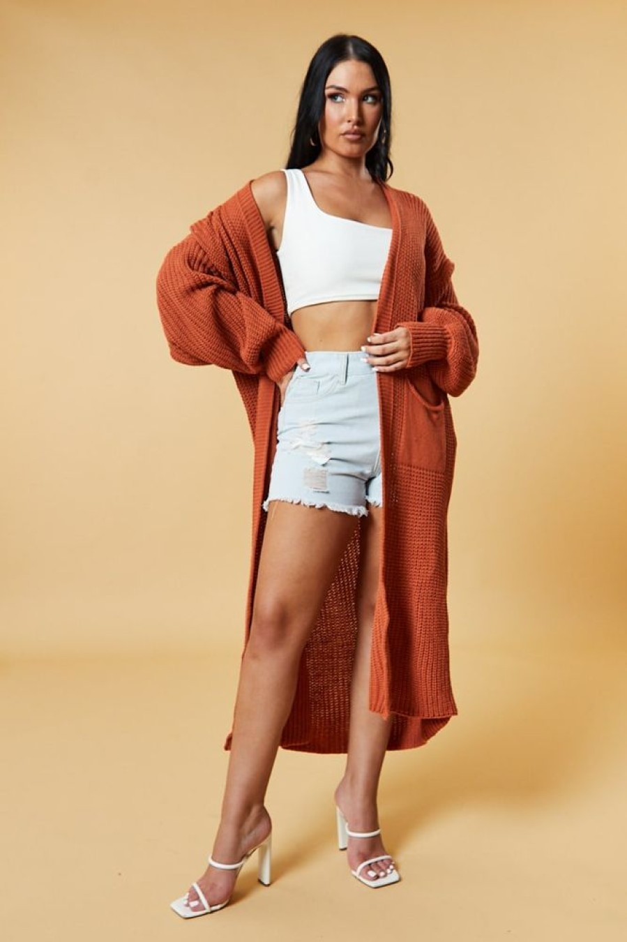 Clothing Rebellious Fashion | Rust Longline Knit Maxi Cardigan - Ema