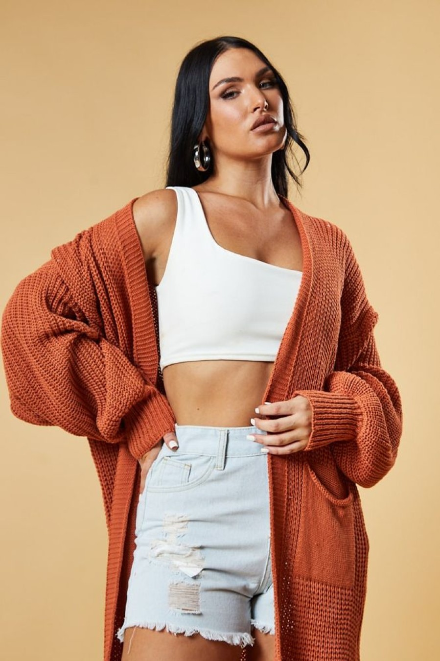 Clothing Rebellious Fashion | Rust Longline Knit Maxi Cardigan - Ema