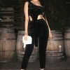 Clothing Rebellious Fashion | Black Velour One Shouldered Crop Top And Leggings Co-Ord - Everlyn