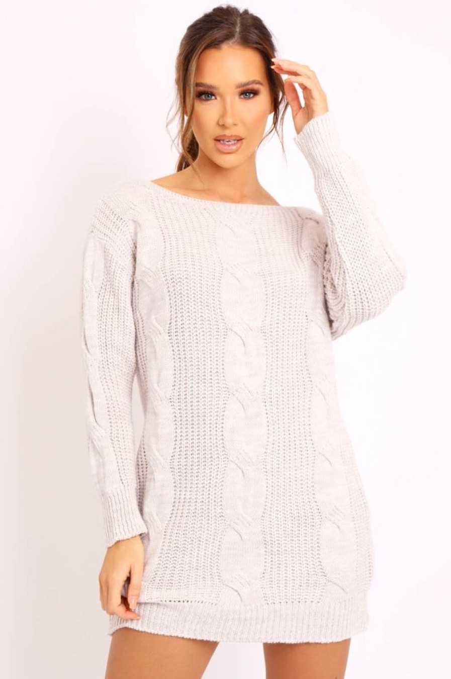 Clothing Rebellious Fashion | Beige Cable Knit Off Shoulder Jumper Dress - Berry