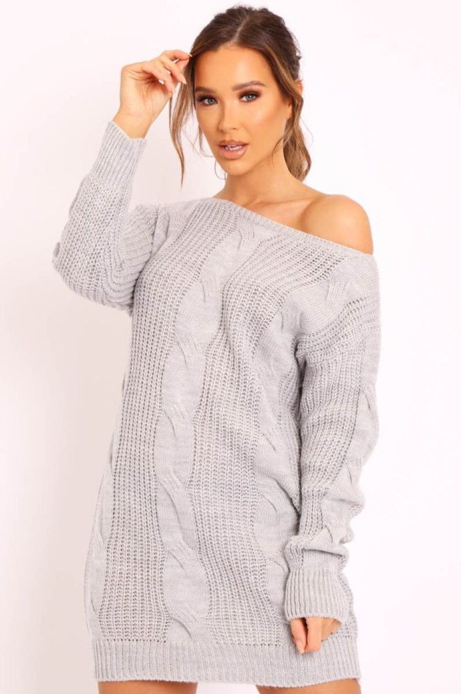 Clothing Rebellious Fashion | Grey Cable Knit Off Shoulder Jumper Dress - Berry