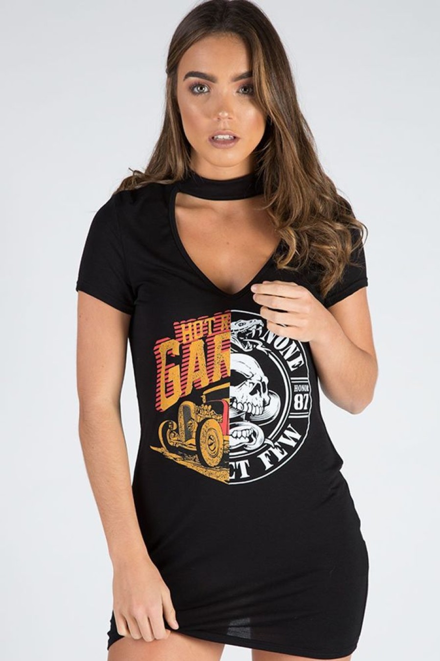 Clothing Rebellious Fashion | Black Choker Neck Cut Out Slogan T-Shirt Dress - Sophie