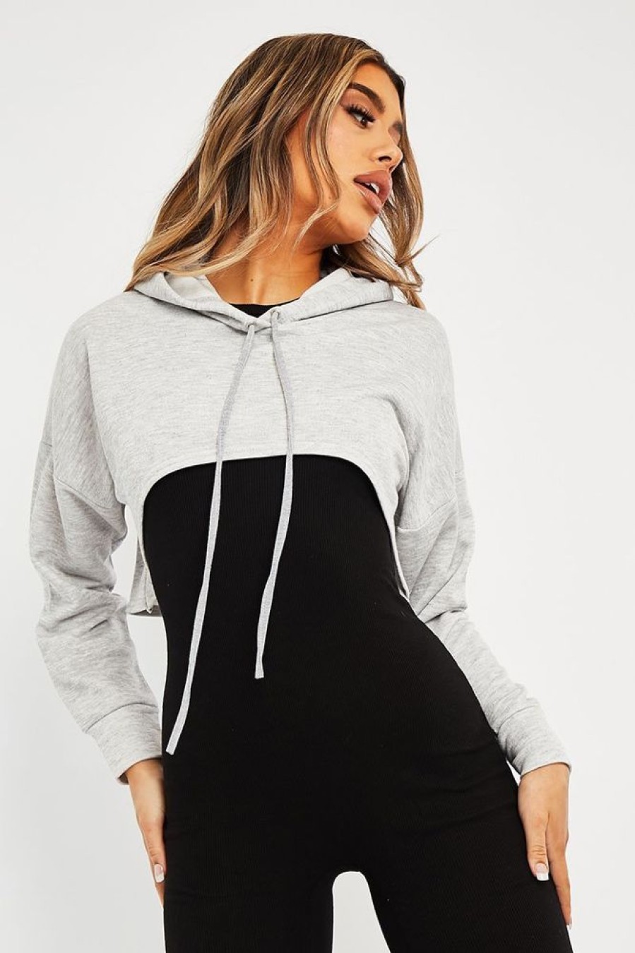 Clothing Rebellious Fashion | Grey Extreme Cropped Hoodie - Kalissa