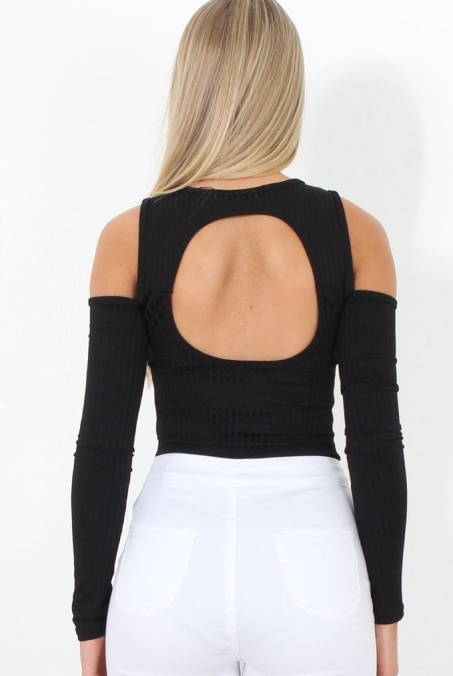 Clothing Rebellious Fashion | Black Ribbed Cold Shoulder Bodysuit - Gigi